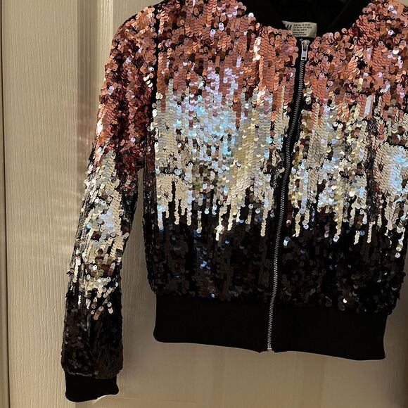 H&M Girls Ombre Black Silver Pink Sequin Bomber Jacket Size 10-11 years - Picture 4 of 15